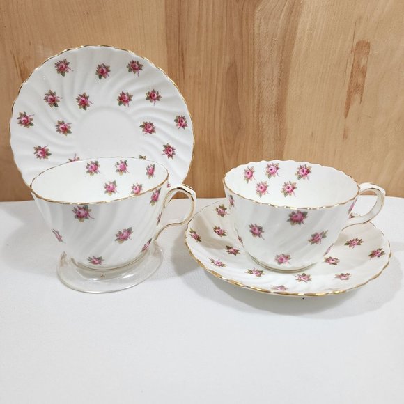 John Aynsley Hathaway Cup & Saucer bone china roses swirled edge England 2 sets - Picture 2 of 11